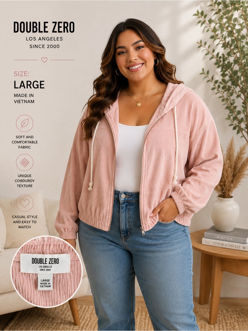 Double Zero Blush Pink Corduroy Hooded Bomber Jacket
